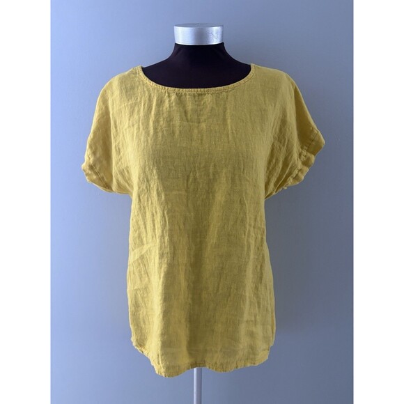 Terzo Millennio Italy Linen Tunic Size Medium Yellow Button Back Lagenlook Hi Lo - Picture 1 of 11